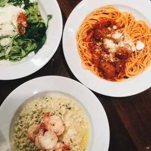 Fettuccine Pesto, Spaghetti with Veal Meatballs and Shrimp Risotto