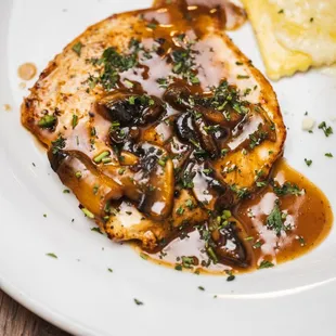 Chicken Marsala-Pan seared w/ mushrooms in a Marsala wine sauce with a side of homemade Pear &amp; Gorgonzola cheese ravioli