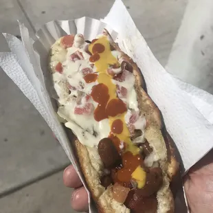 a hand holding a hot dog