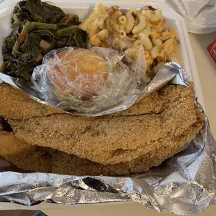 Catfish, Mac and cheese and greens