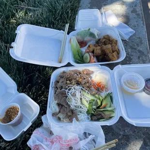 lemongrass tofu, beef vermicelli and spring rolls