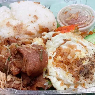 Grilled pork, crabmeat cake, sunny side up &amp; sausage- Com suon cha up la va lap suong