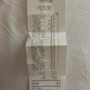 My receipt from all the groceries I had purchased from the market.