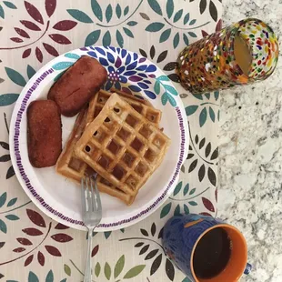 Belgian waffles, spam, apple cider and coffee.