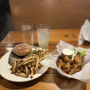 Goldie Burger with Hot Honey Mustard Wings