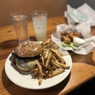 Goldie Burger with Hot Honey Mustard Wings