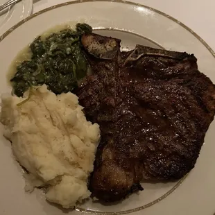 T-Bone with mashed potatoes and creamed spinach