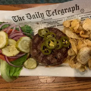 Classic Burger ($9.99) with Jalapeños (extra 50¢) and Old Bay Chips on the side