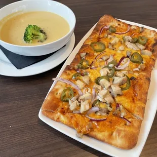 Broccoli Cheddar Soup and Chicken Flatbread