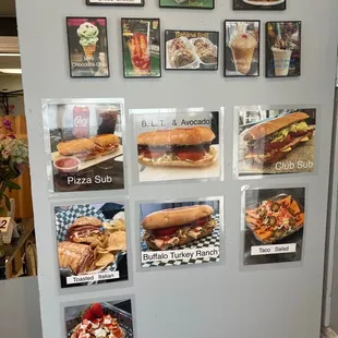 a variety of food items displayed on a refrigerator
