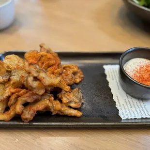 CRISPY MAITAKE MUSHROOMS
 hot nash seasoning, pickles, whipped ranch