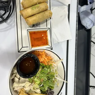 Vermicelli cold dish and Lao egg rolls