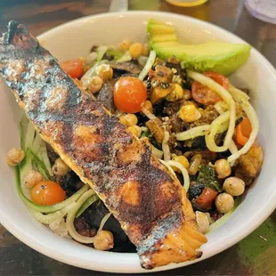 Harissa veggie bowl with salmon added...nom!