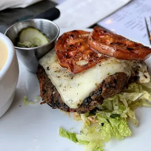 Bunless Black Bean Burger w. cup of cheesy veg soup (yum!)