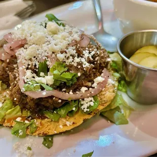 New birria tostada; good balanced spiced flavor (and I still got my precious pickles)