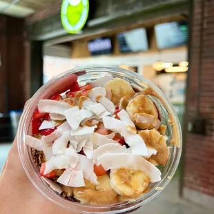 a hand holding a bowl of fruit and yogurt