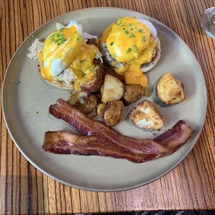 Blue Crab, Fried Green Tomato Eggs Benedict, applewood smoked bacon and house potatoes