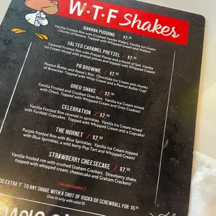 Shakes menu