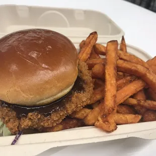 Katsu Burger with sweet potatoes fries