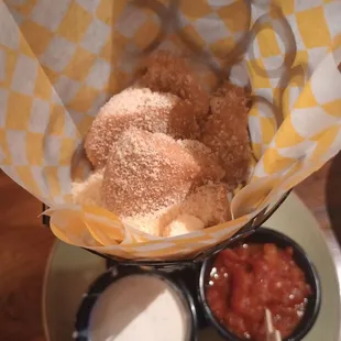 GF Parmesan Toast Bites with creamy Blue Cheese and Marinara