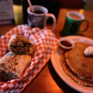 a plate of pancakes and a plate of pancakes