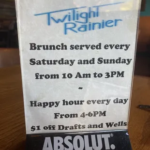 Brunch and happy hour times!