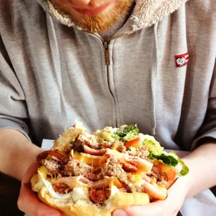 Bf digging into a double T burger!