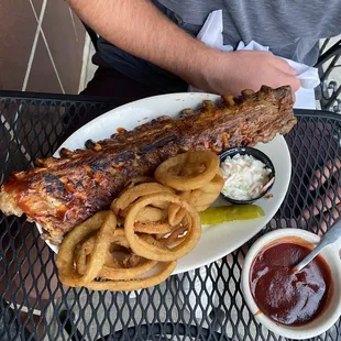 Our World Famous Ribs and Basket of Onion Rings