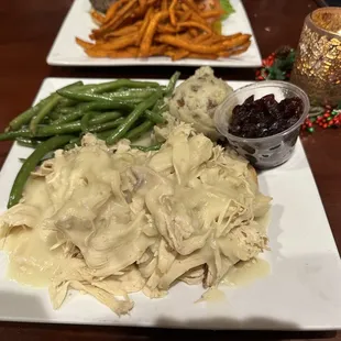 Open Faced Turkey Platter with green beans, mashed potatoes, and cranberry chutney (best cranberry I've ever had!)