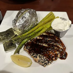Sesame Ginger Salmon with asparagus and baked potato