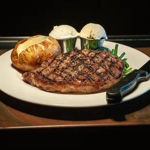 Bourbon Rib Eye with Green Beans and Baked Potato