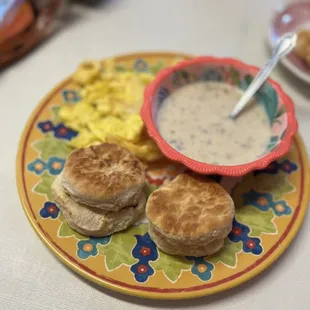 Biscuits &amp; sausage gravy with scrambled eggs