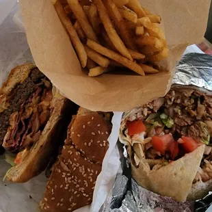 Chicken wrap &amp; pastrami burger &amp; fries
