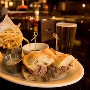 Sandwich, fries, beer, dining space, restaurant, Twin Cities 400 Tavern Minneapolis, Minnesota