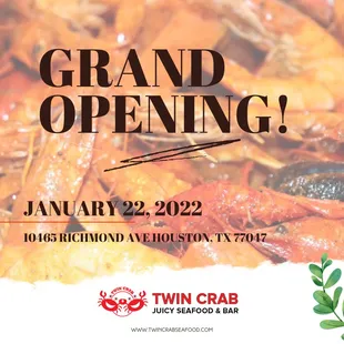 We&apos;re excited to announce our grand opening promo. You can enjoy, 1/28 live crawfish $5.95 per LB