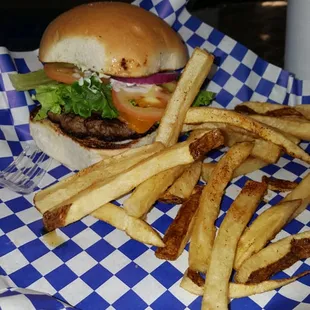OMG burger, with fresh cut fries.  Very good, did not fill up my large man friend, he wanted a double