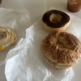 Turkey, egg &amp; cheese on English muffin, Turkey, egg &amp; cheese on Asiago bagel &amp; chocolate frosted donut