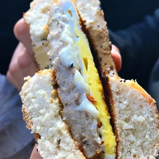 Sausage egg and cheese on an everything bagel