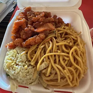 Chow mein, orange noodles, and veggie fried rice