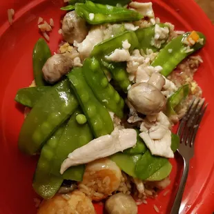 Snow Peas with chicken and house fried rice  with Large shrimp.