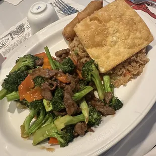 Beef and broccoli, fried rice.