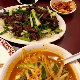 Mongolian beef and jjambbong (spicy seafood noodle soup) on point.