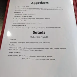 Appetizer &amp; Salad menu.