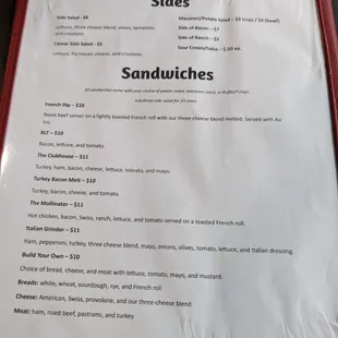 Sides &amp; Sandwich menu.