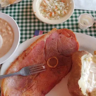 Ham dinner - the whole load. You can just see a hushpuppy poking out in the upper left corner.