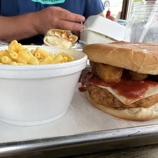 Italian chicken sandwich and Mac and cheese