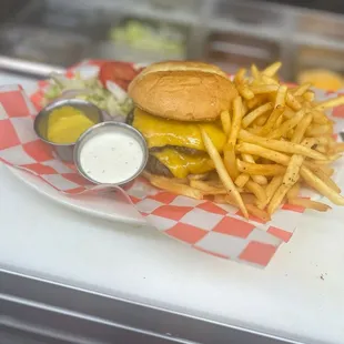 a cheeseburger and fries