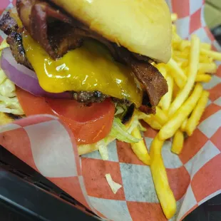 a bacon cheeseburger and fries