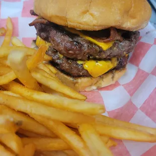 a cheeseburger and fries
