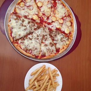 Another fantastic large half pepperoni and half sausage pizza with a small french fries